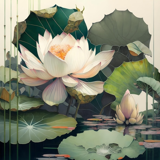 A painting of a lotus flower with leaves and water lilies.