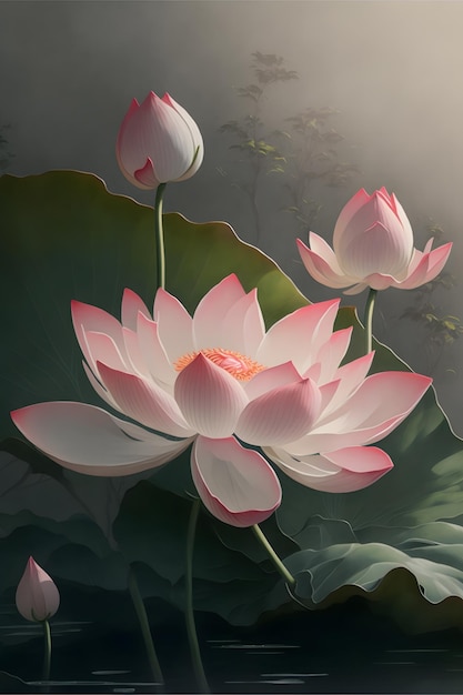 A painting of a lotus flower with the sun shining on it.