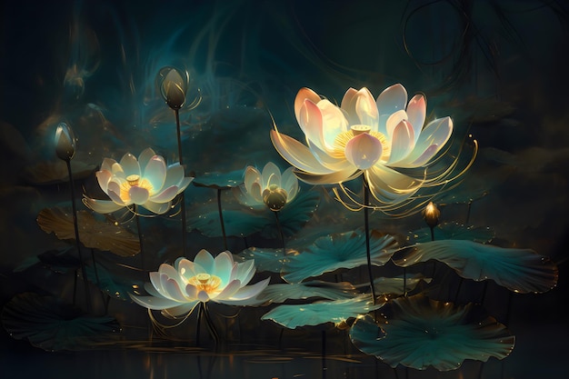 A painting of lotus flowers in the dark