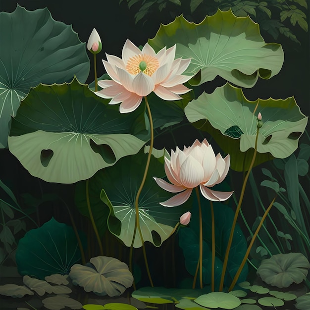 A painting of lotus flowers and leaves with the word lotus on it.