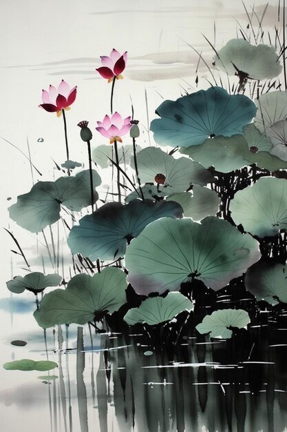 A painting of lotus flowers in a pond with water droplets on the bottom.