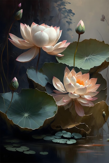 A painting of lotus flowers with a lotus flower in the foreground.