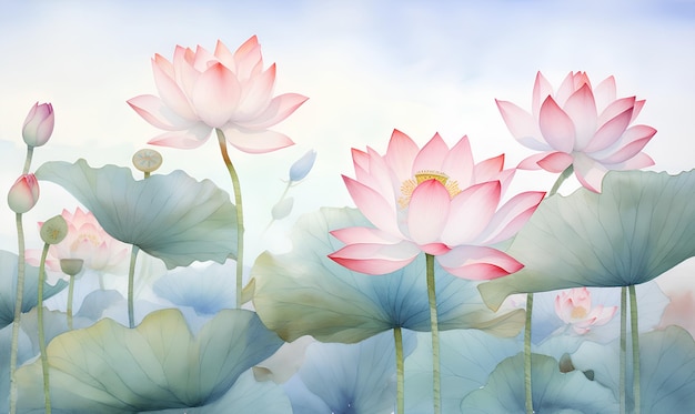 a painting of lotus flowers with the lotus leaves in the background