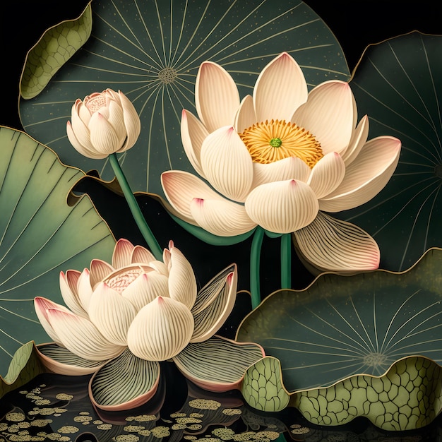 A painting of lotus flowers with the word lotus on it