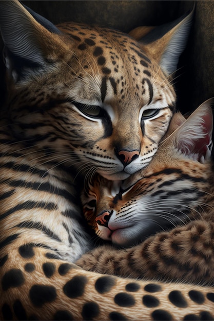 A painting of a lynx and her kitten