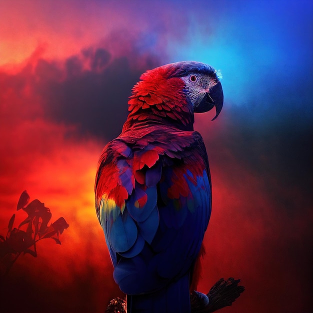 Painting of a macaw bird parrot in blue and red smoky background