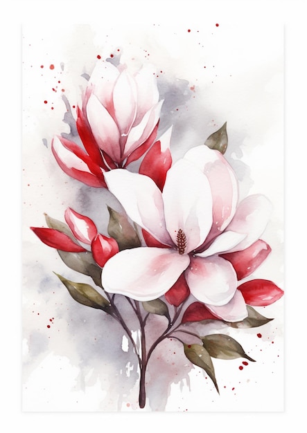 A painting of a magnolia flower with leaves and red and white paint.