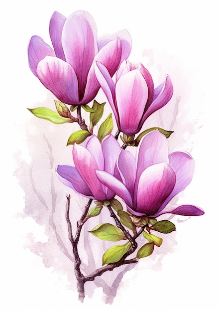 A painting of a magnolia tree with purple flowers.