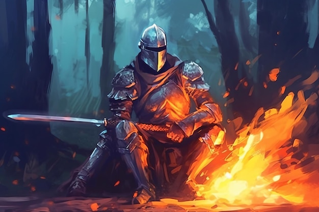 painting of a man in armor holding a sword in a dark forest