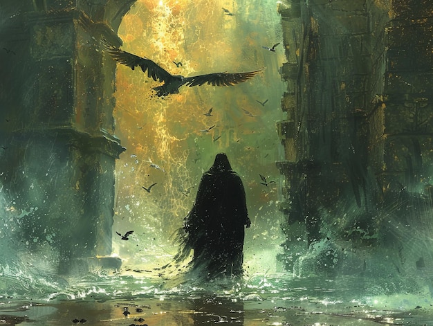 a painting of a man in a black cape and birds