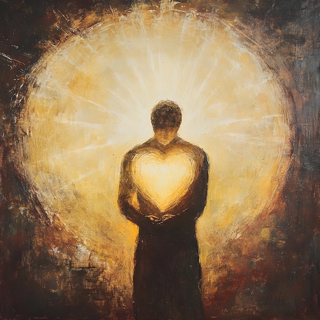 a painting of a man in a black robe with a heart in the center