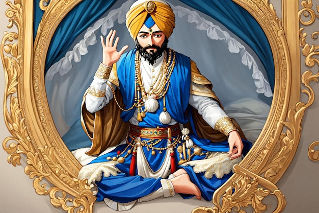 A painting of a man in blue and gold