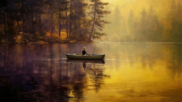 A painting of a man in a boat on a lake