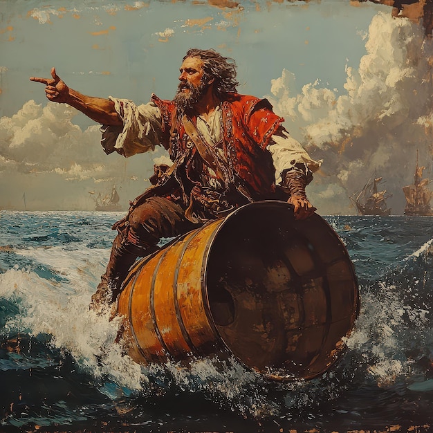 a painting of a man on a boat with a barrel pointing to the right