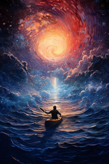 a painting of a man in a boat with the words quot the universe quot on the bottom