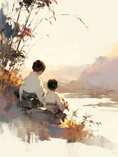 painting of a man and a boy sitting on a rock by a river generative ai