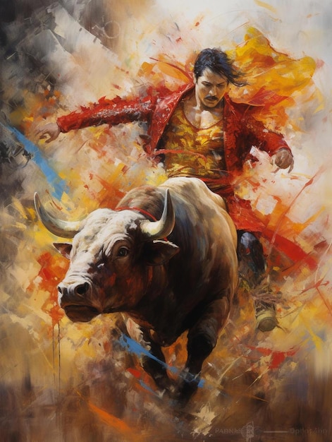 A painting of a man on a bull with a red shirt on it