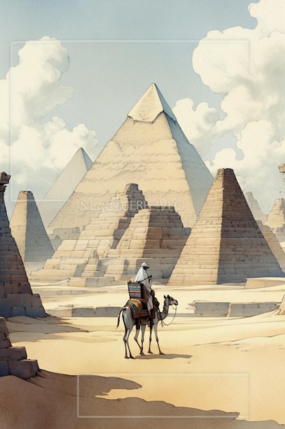 A painting of a man on a camel in front of a pyramids.