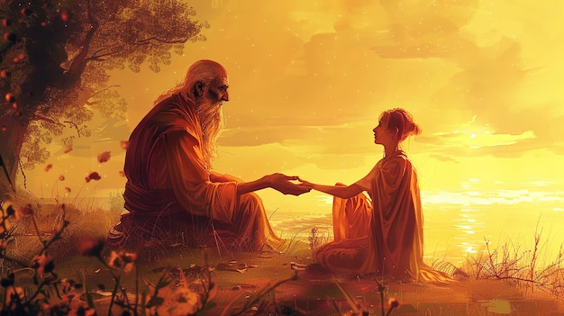 a painting of a man and a child holding hands with a sunset in the background