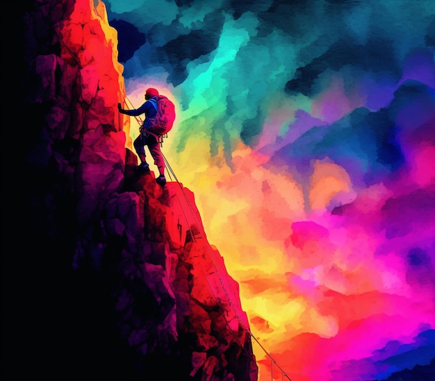 Painting of a man climbing a mountain with a backpack and a rope generative ai