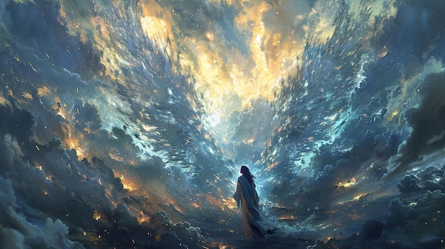 a painting of a man in a cloud of light and the words  god  on the bottom