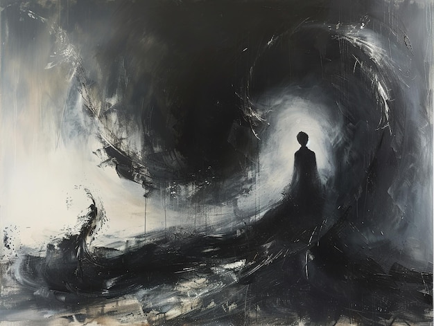 a painting of a man in a dark ocean with a man looking at the ocean