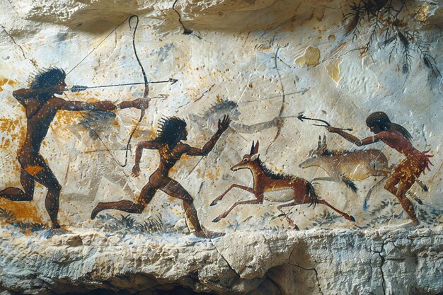 Photo a painting of a man and deer on a rock