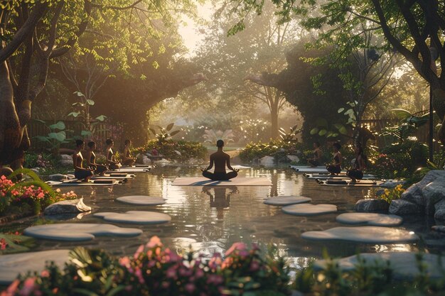 Photo a painting of a man doing yoga in front of a pond with lotus flowers and trees in the background