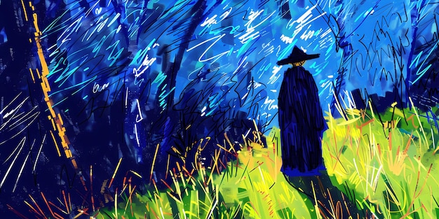 Photo a painting of a man in a field with a silhouette of a man in a hat