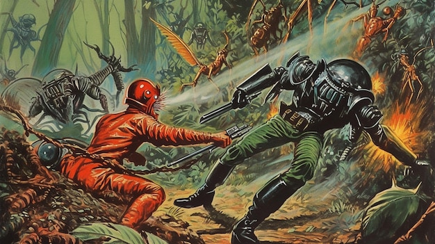 A painting of a man fighting a soldier in a jungle.