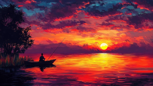 a painting of a man fishing in the ocean with a sunset in the background