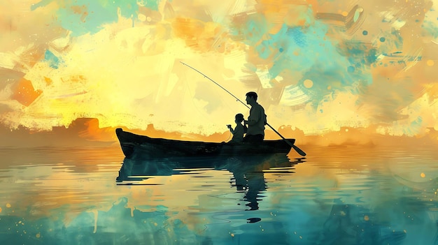 a painting of a man fishing with a fishing rod in the water