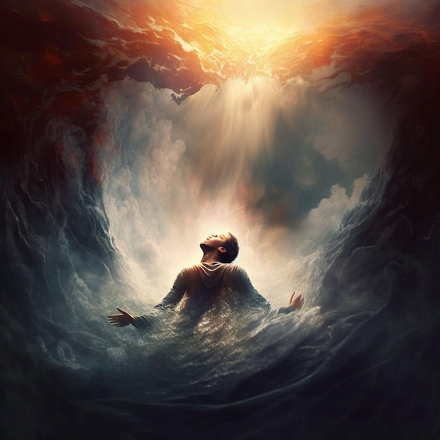 A painting of a man floating in the water with the word god above him.