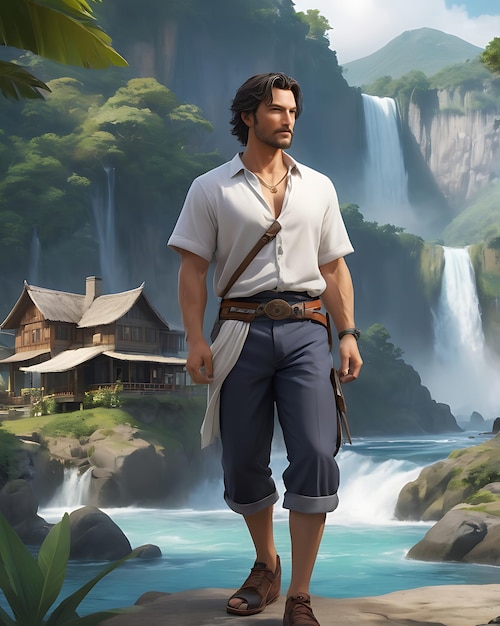 a painting of a man in front of a waterfall with a waterfall in the background