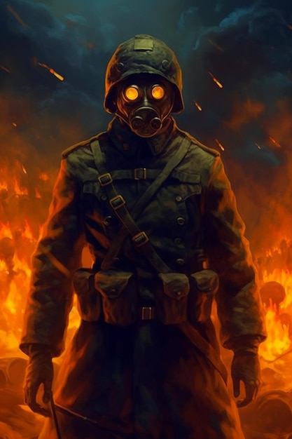 A painting of a man in a gas mask standing in front of a fire generative ai