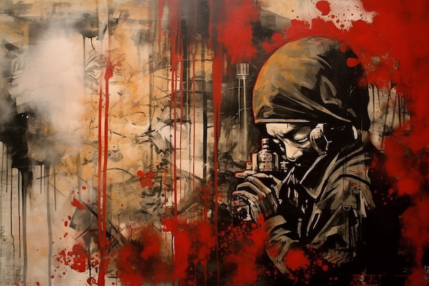 A painting of a man in a gas mask with a gun in his mouth.