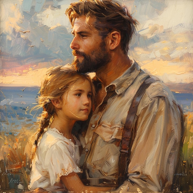 Photo a painting of a man and a girl with a sunset in the background