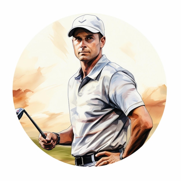 Photo painting of a man holding a golf club in a field generative ai