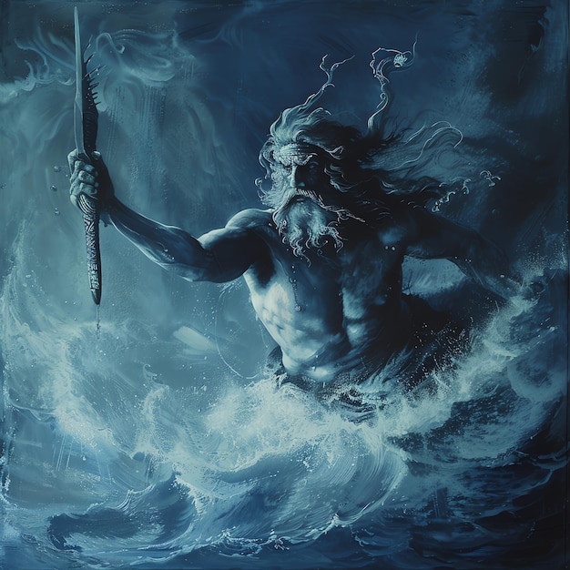 Photo a painting of a man holding a sword in the water