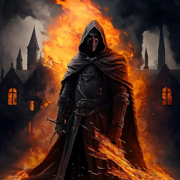 A painting of a man in a hood with a fire in the background