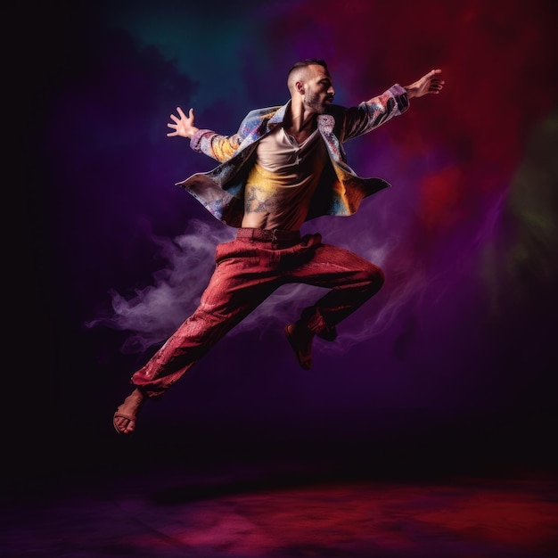 Photo a painting of a man jumping in the air with a colorful background