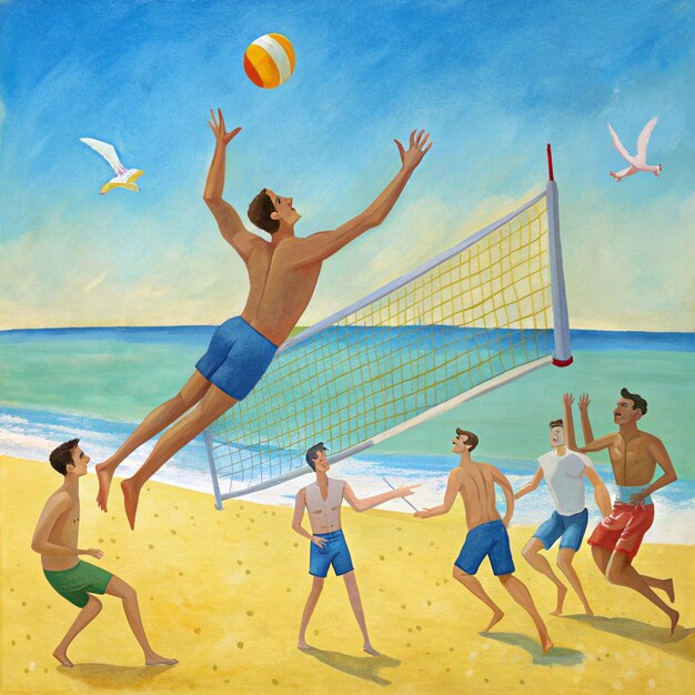 Photo a painting of a man jumping into the air with a volleyball net