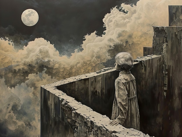 Photo a painting of a man looking at a moon with a full moon in the background