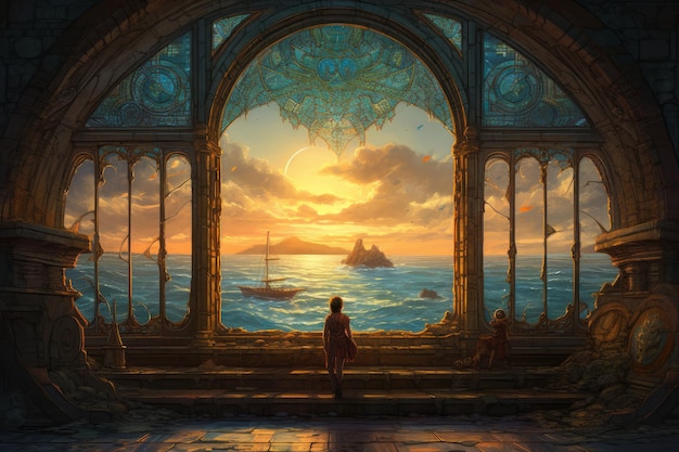 A painting of a man looking out of a window at the sea.