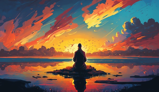 A painting of a man meditating on a rock with the sun setting behind him.