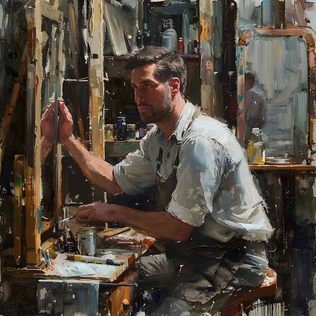 a painting of a man painting with a paint brush