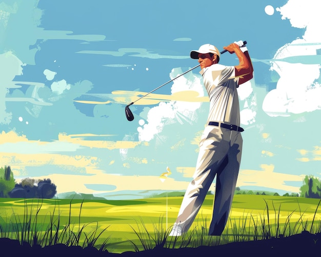 Photo a painting of a man playing golf with a bird flying in the sky