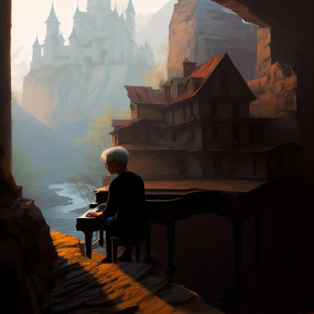 Painting of a man playing a piano in a castle like setting generative ai