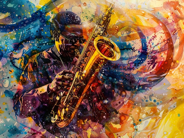 a painting of a man playing a saxophone