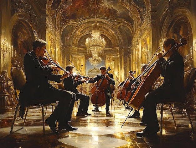 a painting of a man playing a violin and a group of people playing cello